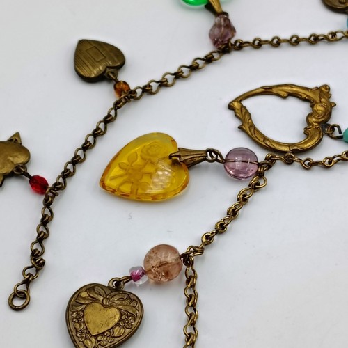 Vintage G.W.S. Studio Glass Work Bronze Color Heart Charms Long Necklace 32" - Picture 14 of 18