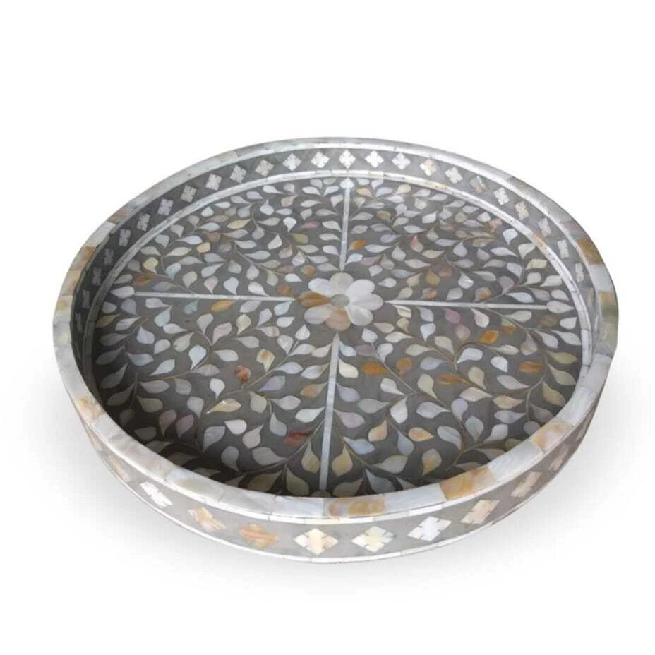 Handmade Round Tray Bone Inlay Flower Design Grey Serving Decorative inlay Tray - Image 2 of 3