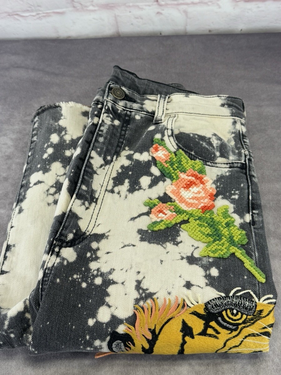 F687 XS 22 グッチ ブリーチ フラワー刺繍 イタリアデニム レディース GUCCI グッチ フラワープリント ブーツカット フレア デニム