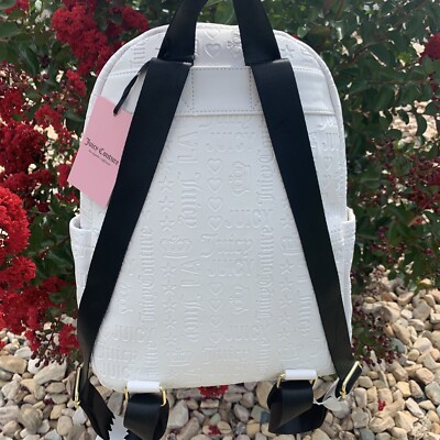 JUICY COUTURE White Logo Black Straps Best Seller Word Play Backpack  ❤️blt11j1