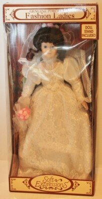 Porcelain Soft Expressions Bride Doll with Stand - 18'' - NIB