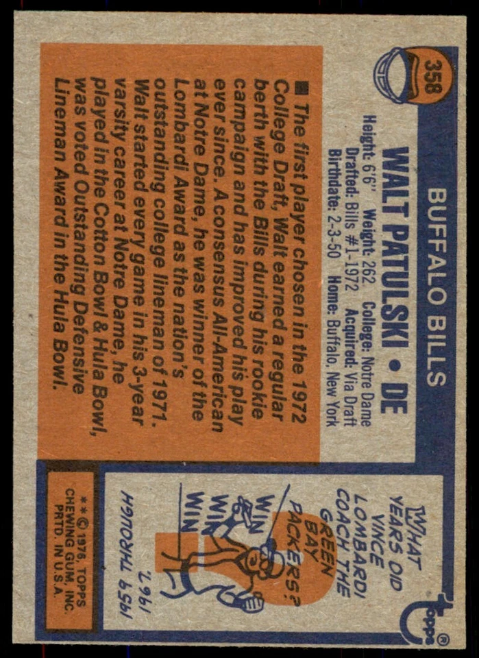1976 Topps NM-MT Walt Patulski #358 - Image 2 of 2