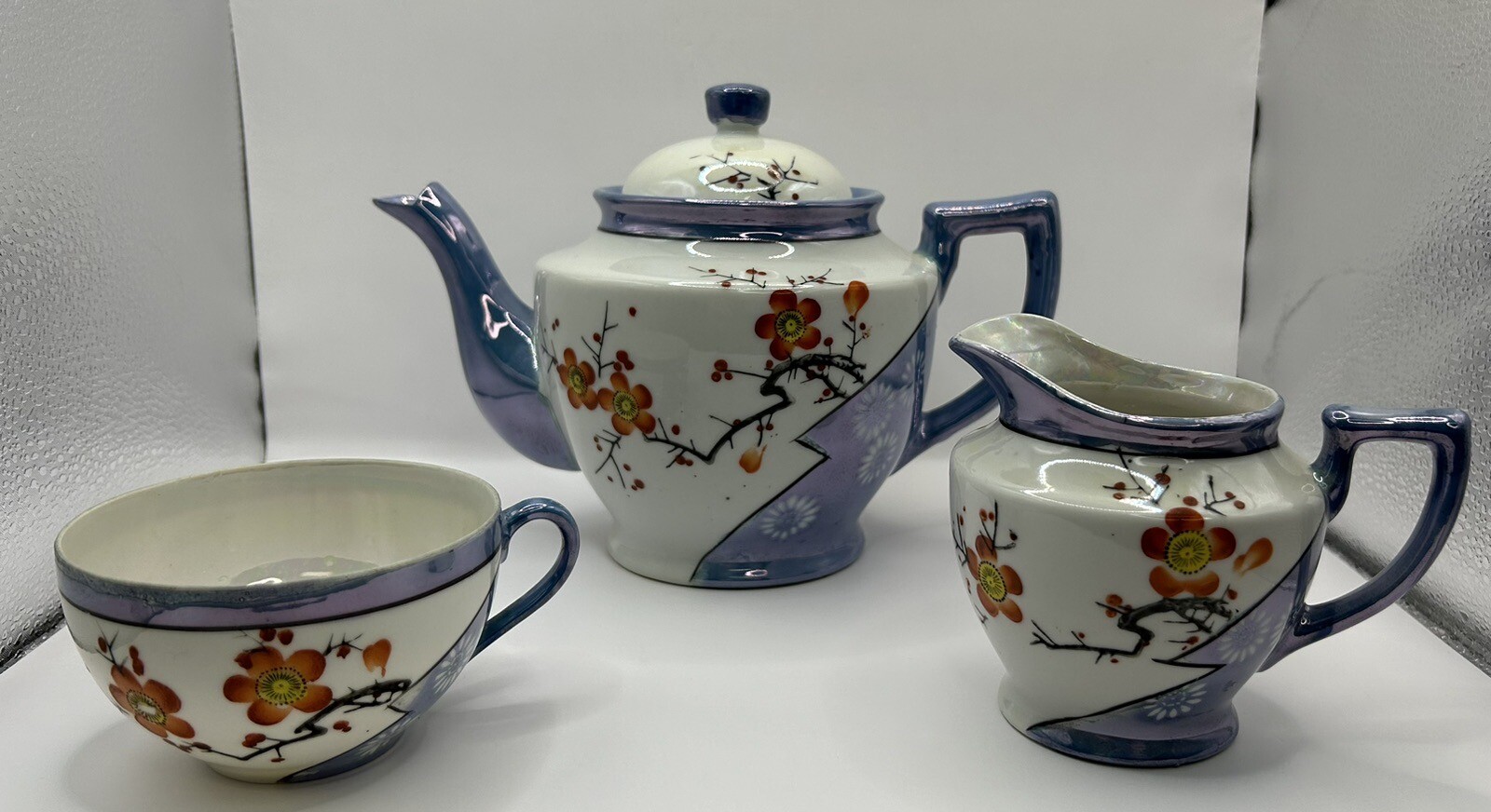 TEA SET VINTAGE lusterware 3piece tea set cherry blossoms Japan, Hand Painted