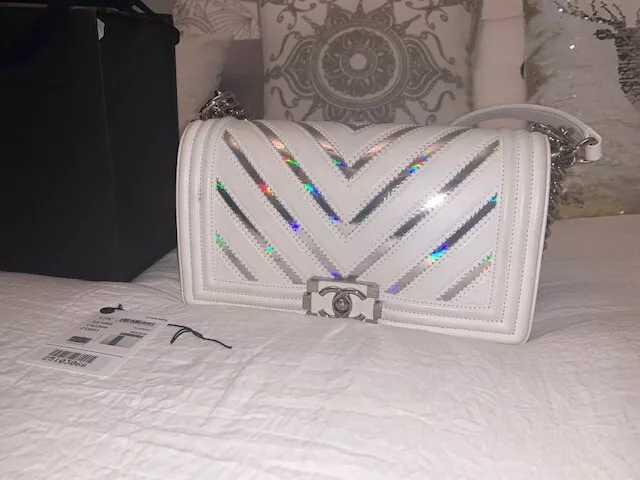 Chanel Le Boy Holographic Chevron White Lambskin Old Medium