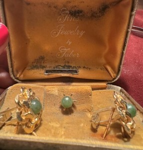 Authentic Vtg Aaron Faber 14K Gold plated Jade Cufflinks 1940's Set of 3 Still In Box