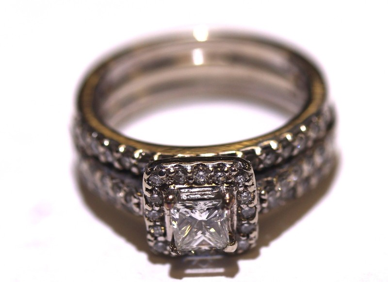 GIA 14k white gold 1.20ct princess diamond engagement ring 2 wedding bands 7.3g