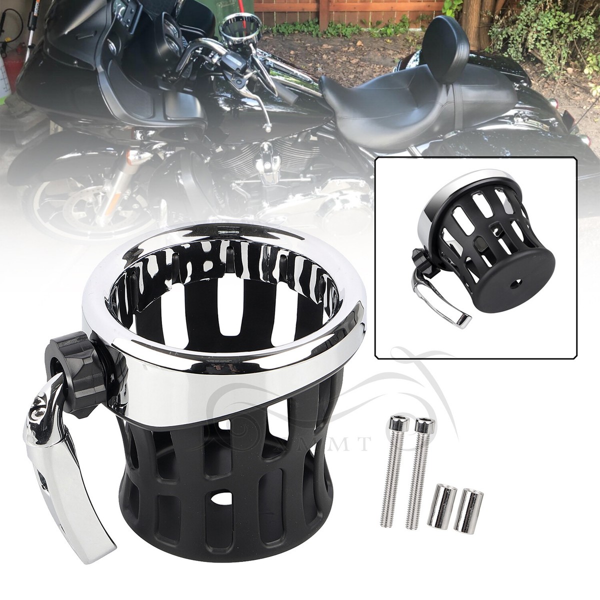 Motorcycle Handlebar Cup Holder With Mesh Basket – For Harley Touring 96-up (Black Aluminum)