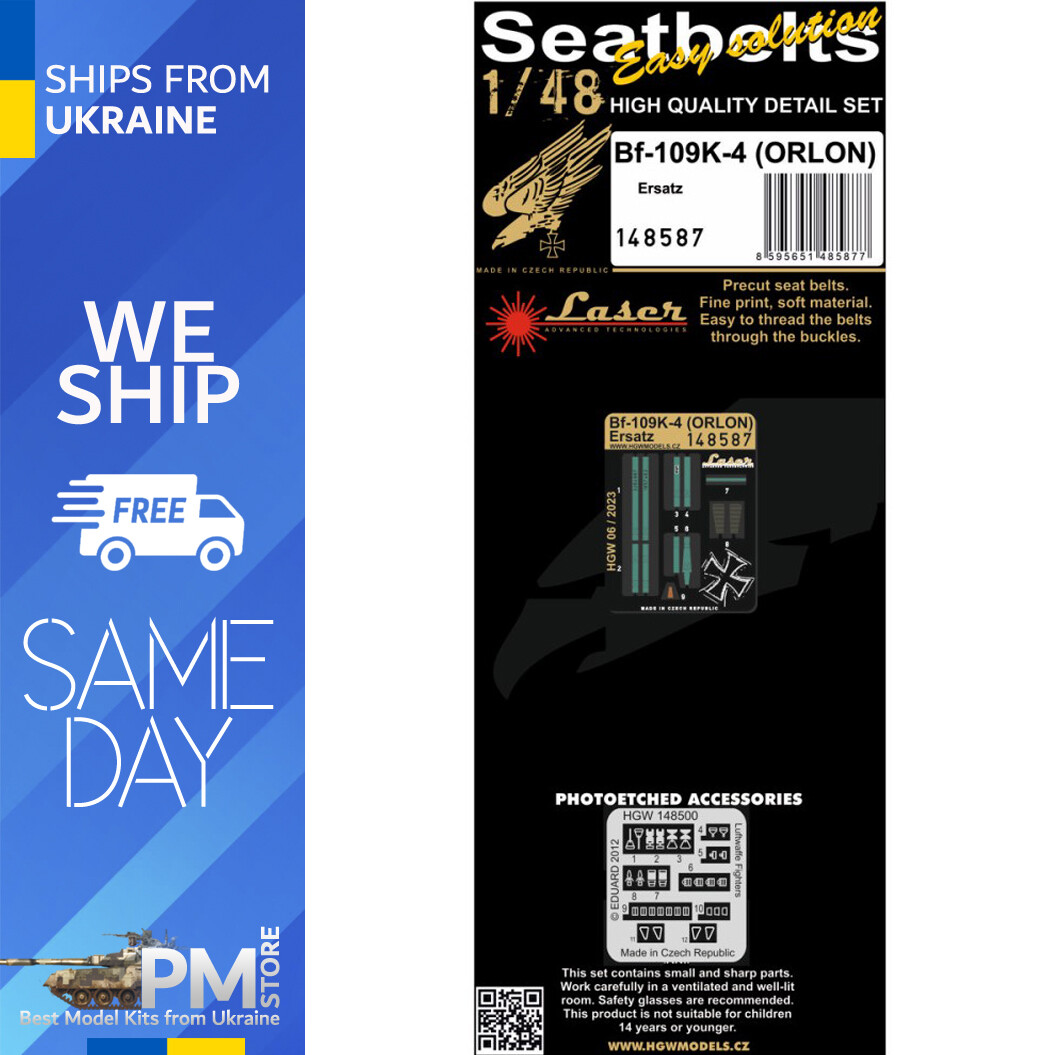 HGW 1/48 scale Bf 109K-4 Orlon (Ersatz) fabric seatbelts and PE buckles - 148587 HGW 1/48 scale Bf 109K-4 Orlon (Ersatz) fabric seatbelts and PE buckles - 148587