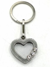 Silver Tone Heart Charm Keychain Rhinestone Accent