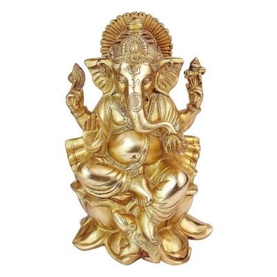 Brass Lord Ganesha Sitting with Mooshak on Lotus Statue Sculpture Figurine Idol