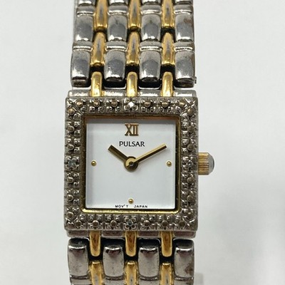 Pulsar Womens Watch 17mm White Dial Two Tone Crystal V810-X056 New Battery 7.25''