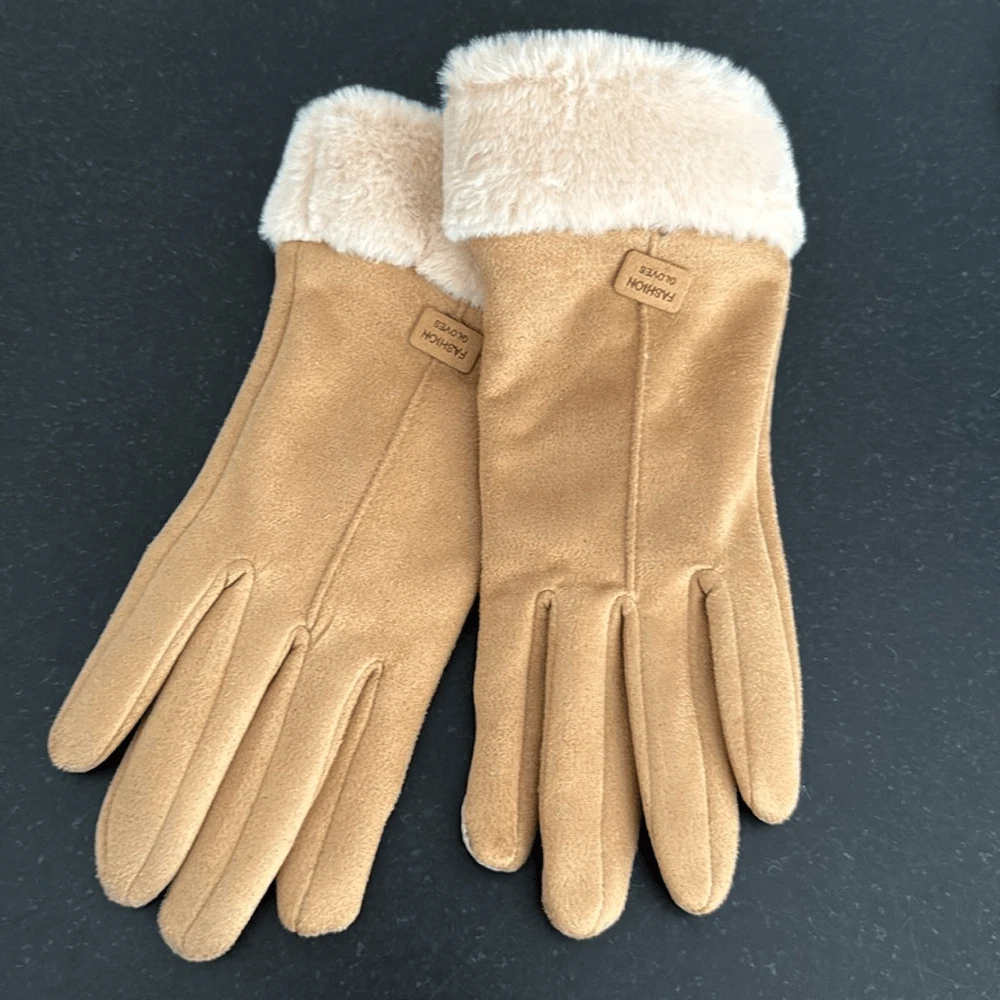 Camel Warm Winter Touchscreen Gloves - Faux Khaki Suede & Faux Fur