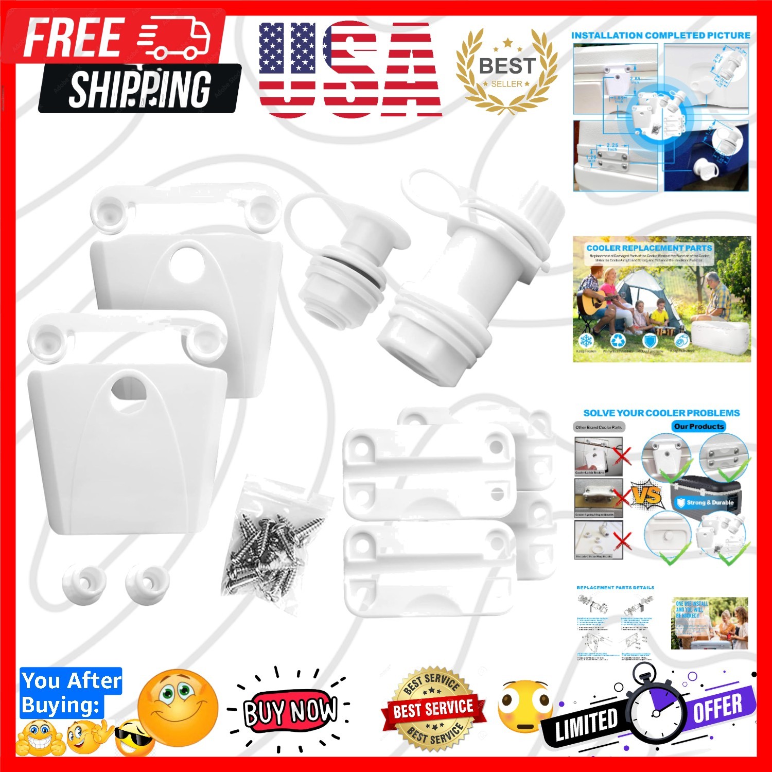 Cooler Replacement Parts Kit, Ice Chest Plastic Hinges, Latc