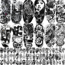 72 Sheets Half Sleeve Temporary Tattoos for Men  Women, Realistic Skull, Tiger,