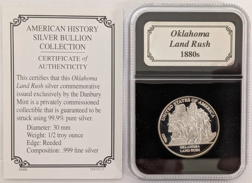 Oklahoma Land Rush 1880s Danbury Mint 1/2 Troy oz .999 Fine Silver Round Proof