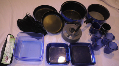 Lot of Camping Cooking Pot Set, Tea Kettle, GSI Outdoors Modular Table Set