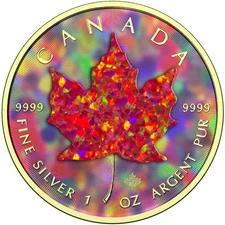 1 Oz Silver Maple Leaf with Opal Insert Colorized & Gilded – Stunning!