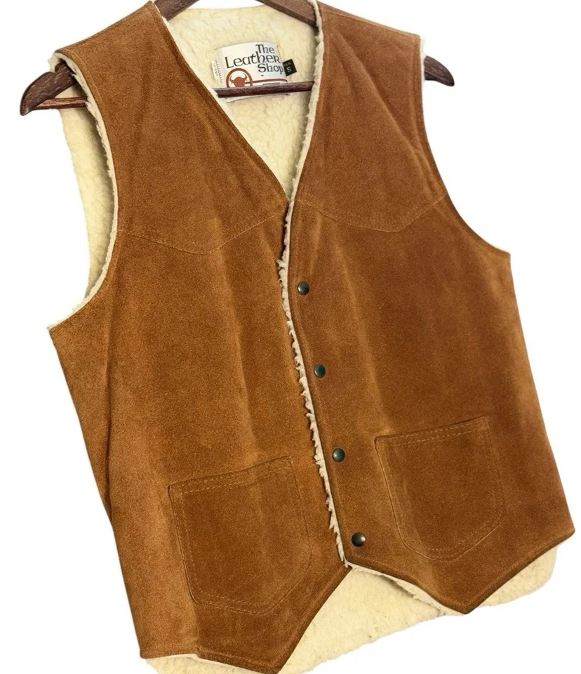 Vtg Sears Suede Sherpa Vest Snap Front Unisex S Western Retro Hippie 70s - Image 3 of 4