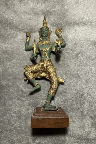 Vtg Thai Buddhist Hindu Vishnu Statue Cast Metal Gold Gilt Verdigris Decor 10"