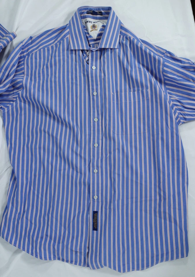 Camisa Tommy Hilfiger Para Hombre 17 32-33 Azul Rojo Rayas Vestido Abotonado Clásico Foto 4 de 4