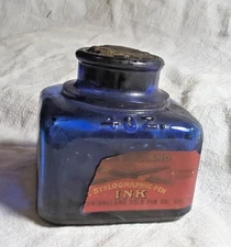 Antique Cobalt Blue John Holland Glass Ink Bottle With Label & Cork Stopper