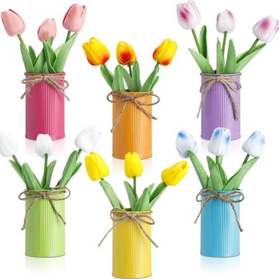 6 PCS Colorful Easter Spring Artificial Tulip Flowers Galvanized Metal Pot
