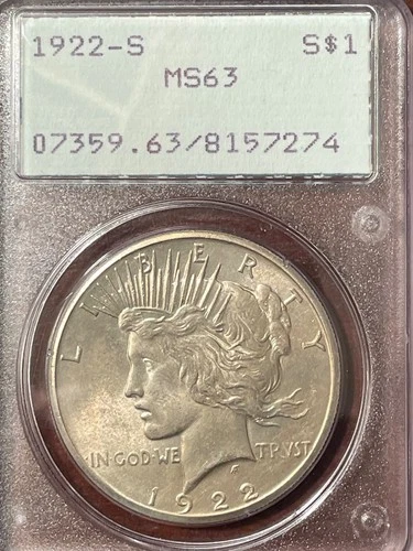 1922-S $1 Peace Dollar PCGS MS63 RATTLER -Free Shipping-