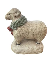 Primitive Christmas Lamb With Holly Wreath Distressed Holiday Figure 6"