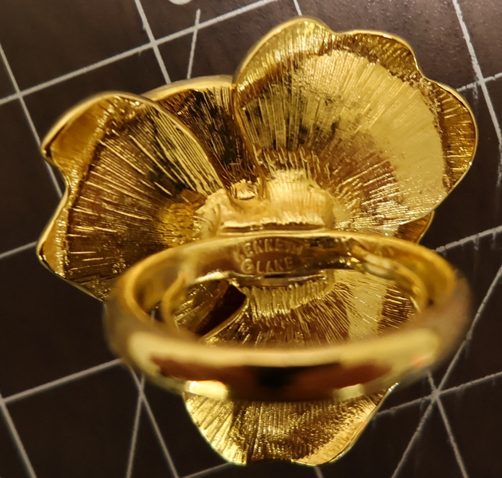 Kenneth Jay Lane ring Gold Blush enamel flower pink crystals goldtone adjustable