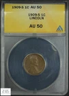 1909 S Lincoln Wheat Copper Cent 1C ALMOST UNCIRCULATED ANACS AU 50