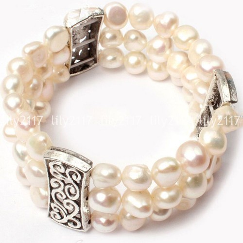 Natürliche 3-reihige 8-9 mm bunte Süßwasserperlen Perlen Stretch Armband Armreif 7,5 Zoll - Bild 8 von 13