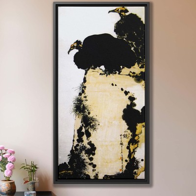 Vintage Chinese Eagle on Cliff Framed Canvas Painting Japanese Art Wall Decor