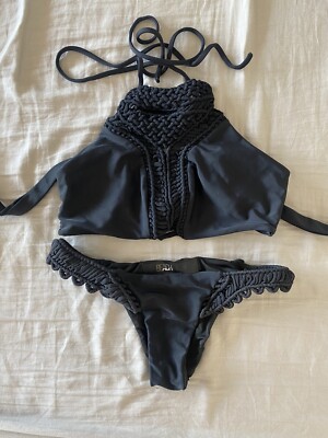 BEACH RIOT Manzanita Bikini Top (M) and Bottom (XS) in Wilder Black Crochet