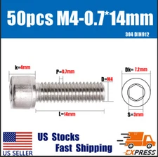 50PCS New M4X 14mm 304 Stainless Steel Allen Hex Socket Cap Head Screws DIN912