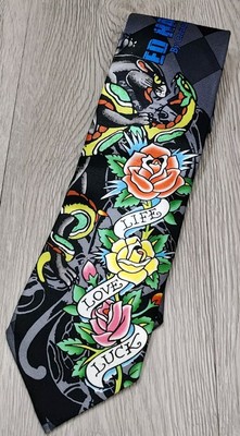 Vintage Ed Hardy Mens Tie Y2K DB Christian Audigier Roses Panther Necktie Silk