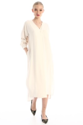 Max Mara Weekend Kleid Beige/Krem V-Ausschnitt Seitentaschen Gr. 34/36 NP 229,00