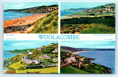 POSTKARTE WOOLACOMBE FARBCOLLAGE STRAND AND HILLS DENNIS PRODUKTIONEN VERÖFFENTLICHT