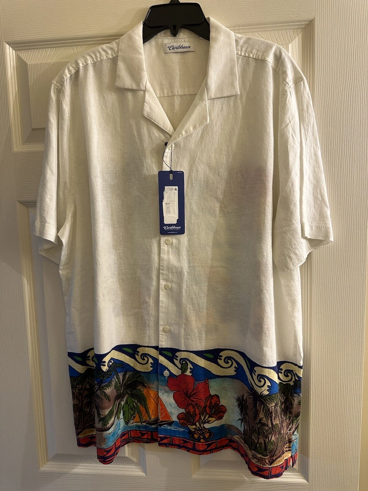 New Caribbean Tropical Beach Linen Blend Short Sleeve Button Down Shirt XL