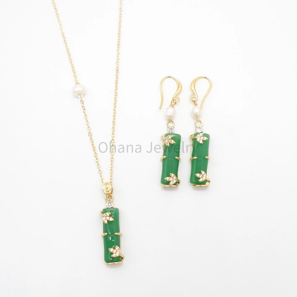Brincos pendurados de gota de pérola de água doce de jade verde natural - Folhas de bambu - Imagem 3 de 3