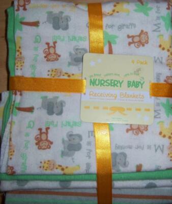 Nursery Baby 4PK Receiving Blankets, Safari, Elephant, Monkey, Giraffe