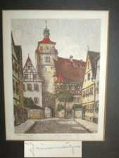 Ernst Geissendorfer German Rothenburg Tauber Ta colored Etching / Print Signed