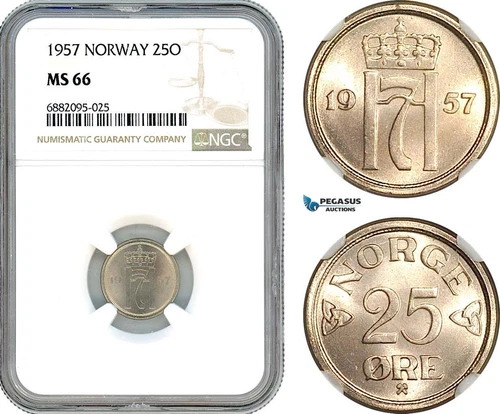 AJ335, Norway, Haakon VII, 25 Ore 1951, Kongsberg Mint, NGC MS66