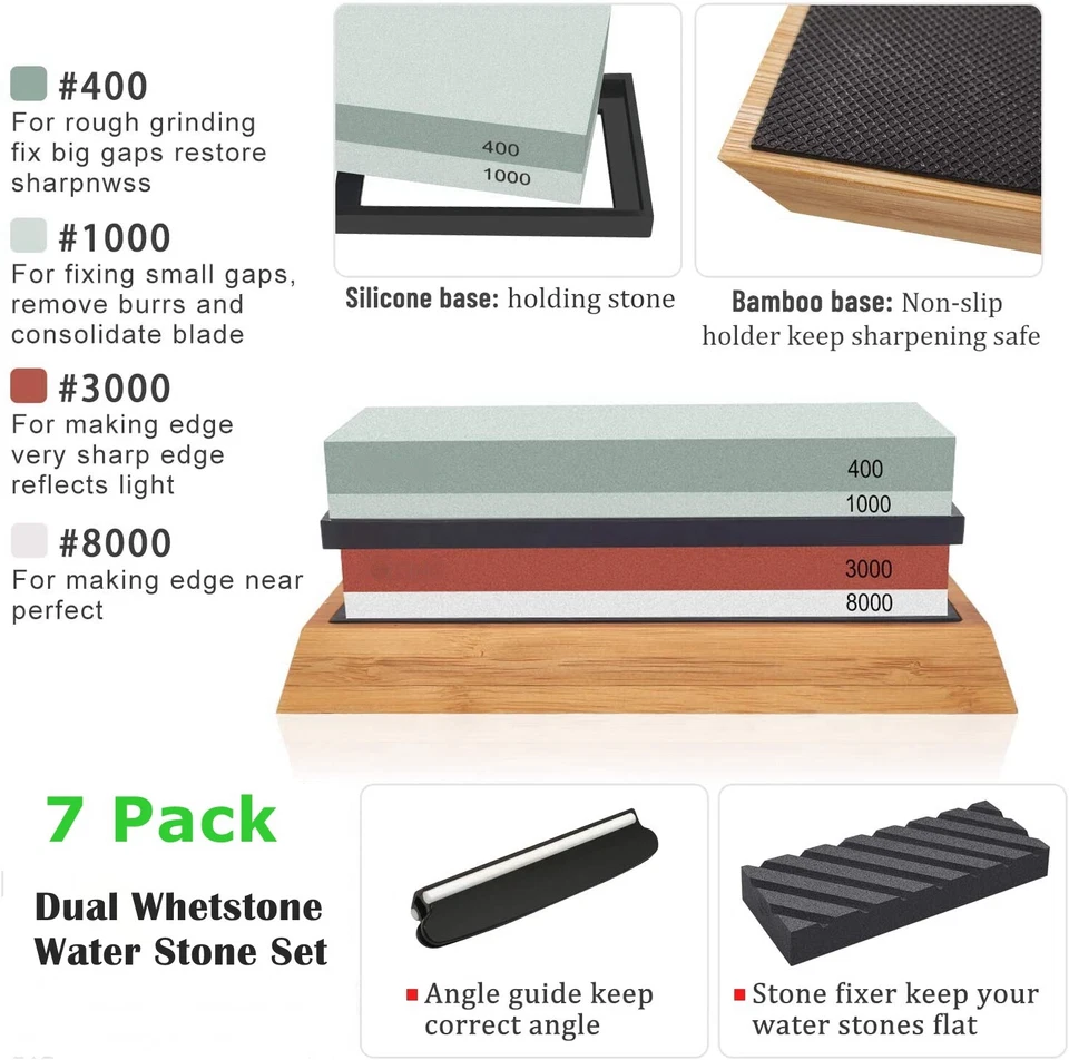 Whetstone Sharpening Stone Set Knife Sharpener 400/1000 3000/8000 Grit w/ Holder - Image 3 of 4
