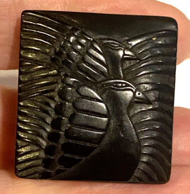 LAUREL BURCH Dbl Moon Doves Carved BLACK ONYX Celestial Bird EARRINGS~RARE VTG!