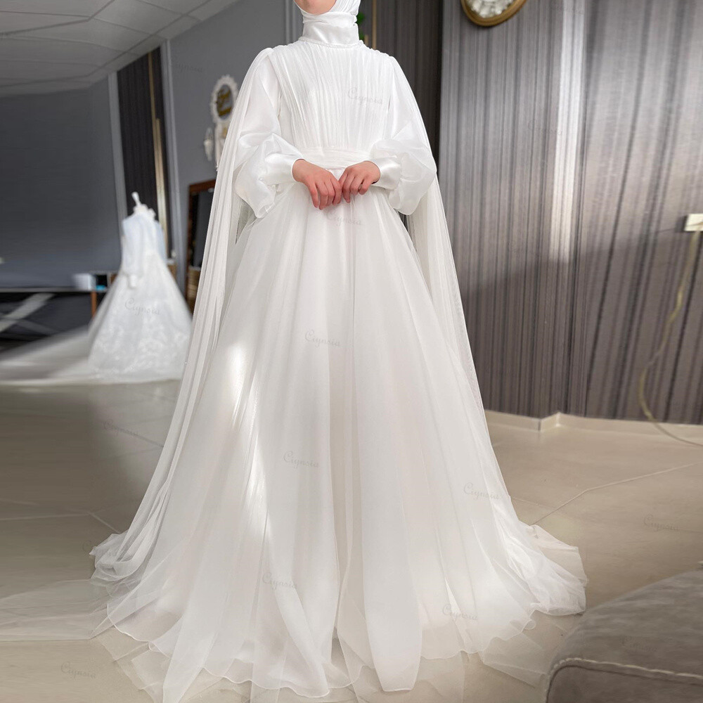 Muslim Long Sleeve Wedding Dress with Cape Hijab Bridal Gowns Chiffon  Pleated | eBay