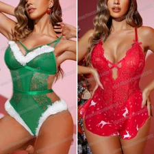 Christmas Lace Patchwork Bow Sexy Lingerie Set Santa Elf Thick Plush Trim Teddy