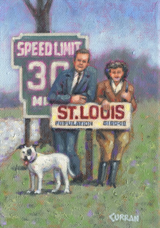ORIGINAL OIL PAINTING, 1930's ST. LOUIS CITY SCENE PEOPLE DOG, listed artist NR!