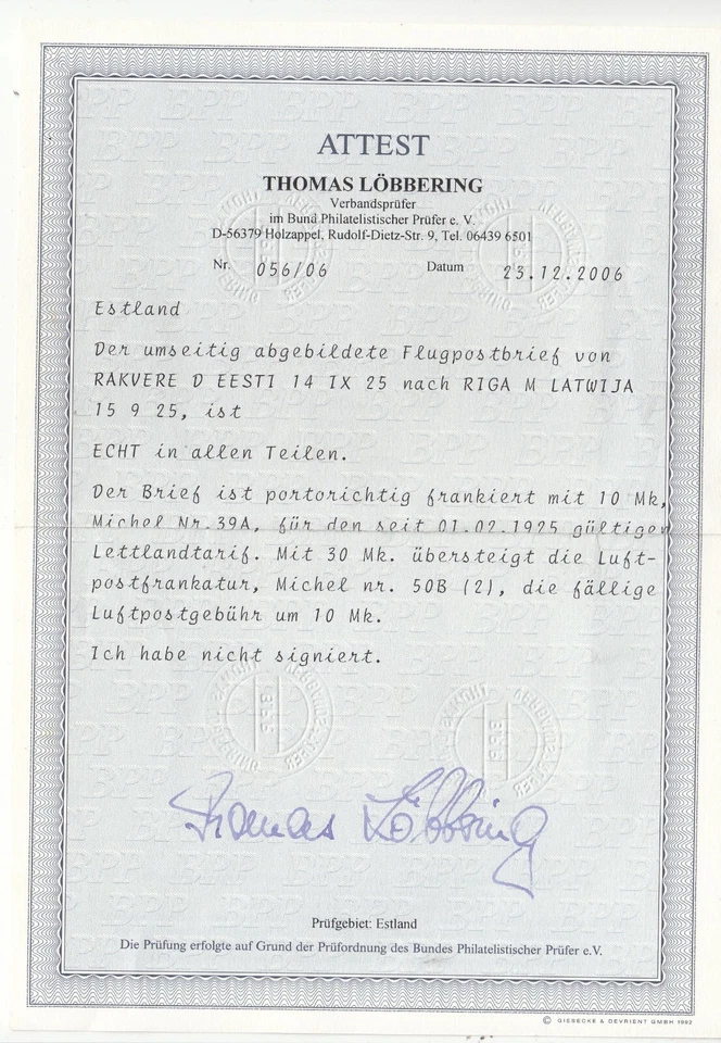 RS25665/ ESTONIA – 1925 – MI # 39A + 50B (PAIR) ON AIRMAIL COVER + CERTIFICATE - Image 3 of 4