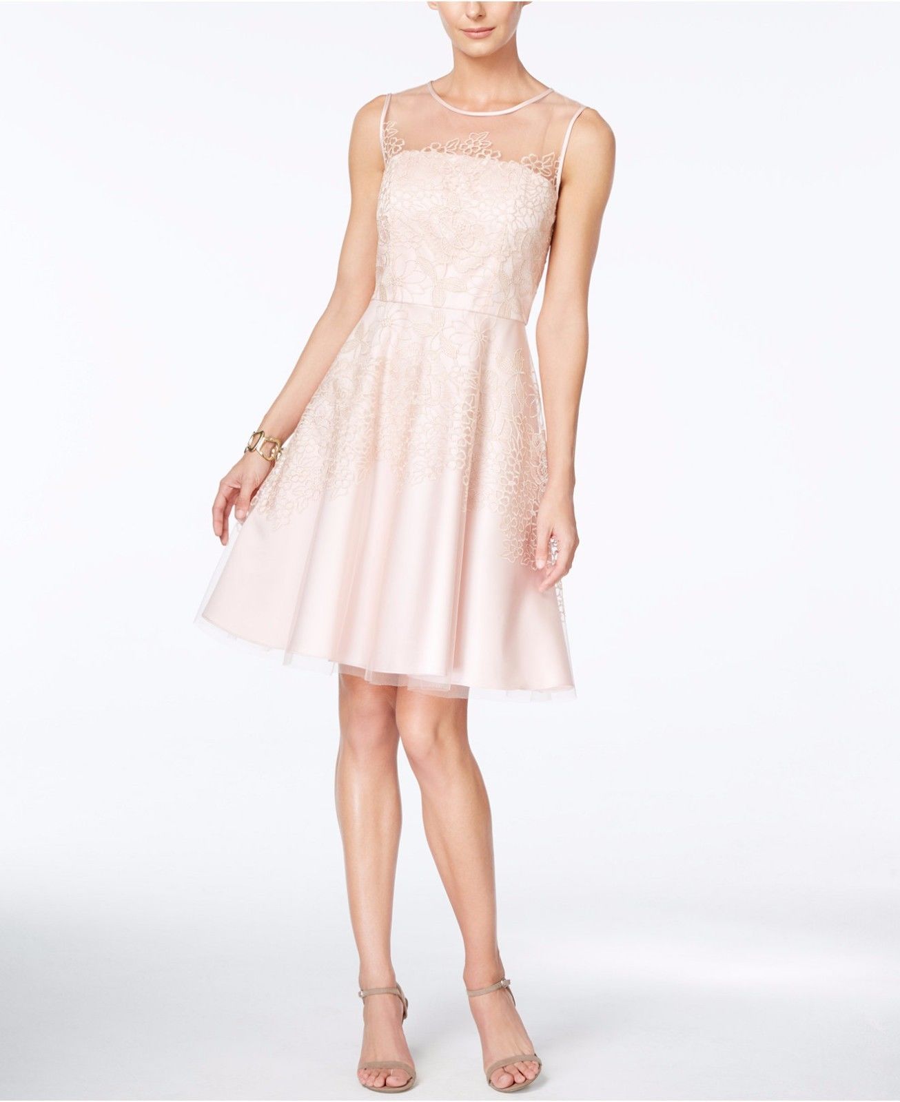 tahari embroidered fit and flare dress