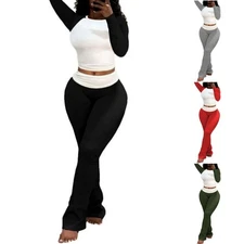 Womens 2Pcs Outfits Bodycon Tops Sweatpants Colorblock Lounge Tracksuit Sets